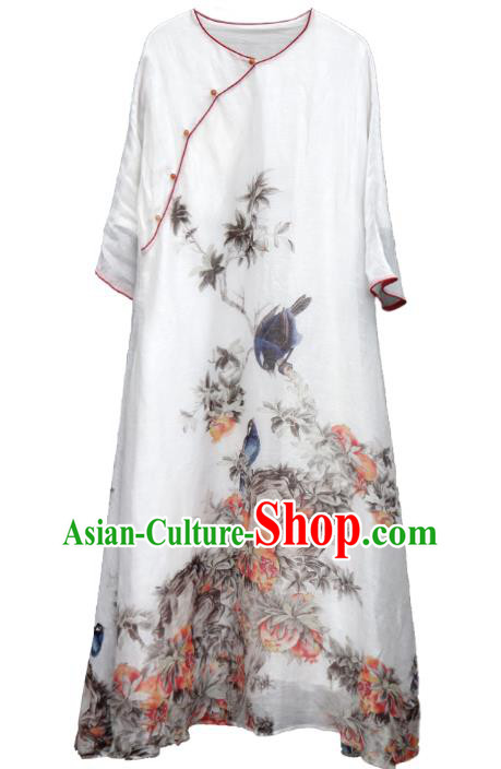 Chinese Traditional Slant Opening Qipao Dress Woman Costume National Printing White Cheongsam