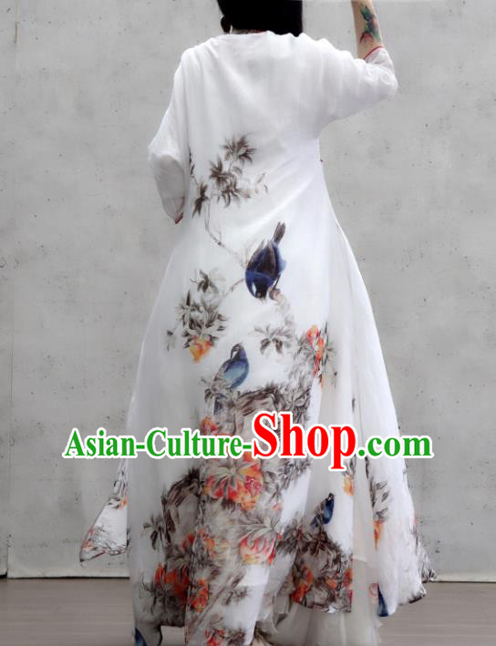 Chinese Traditional Slant Opening Qipao Dress Woman Costume National Printing White Cheongsam