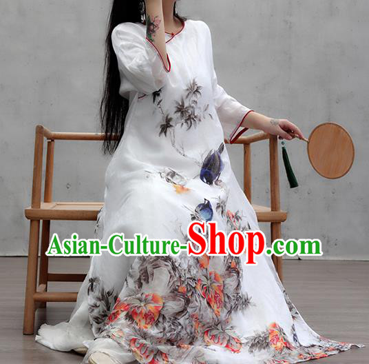 Chinese Traditional Slant Opening Qipao Dress Woman Costume National Printing White Cheongsam