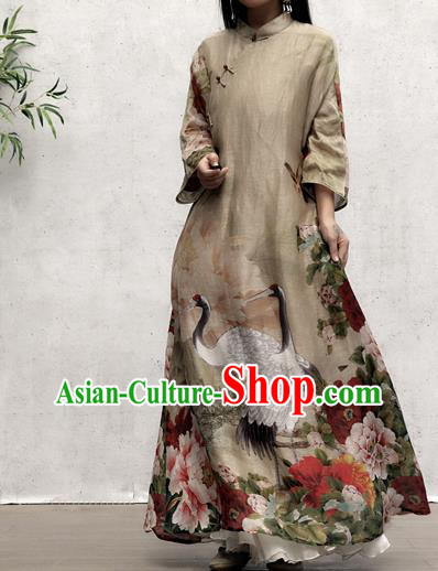 Chinese Traditional Stand Collar Qipao Dress Woman Costume National Printing Crane Peony Khaki Cheongsam
