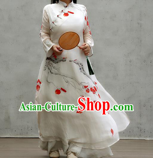 Chinese Traditional Stand Collar White Qipao Dress Woman Costume National Printing Red Leaf Cheongsam