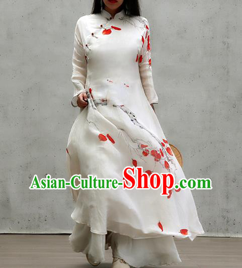 Chinese Traditional Stand Collar White Qipao Dress Woman Costume National Printing Red Leaf Cheongsam