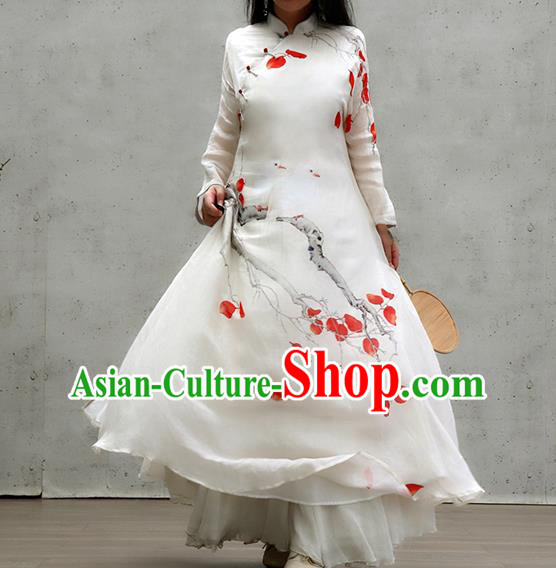 Chinese Traditional Stand Collar White Qipao Dress Woman Costume National Printing Red Leaf Cheongsam