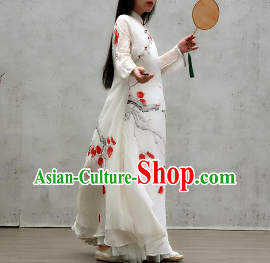 Chinese Traditional Stand Collar White Qipao Dress Woman Costume National Printing Red Leaf Cheongsam