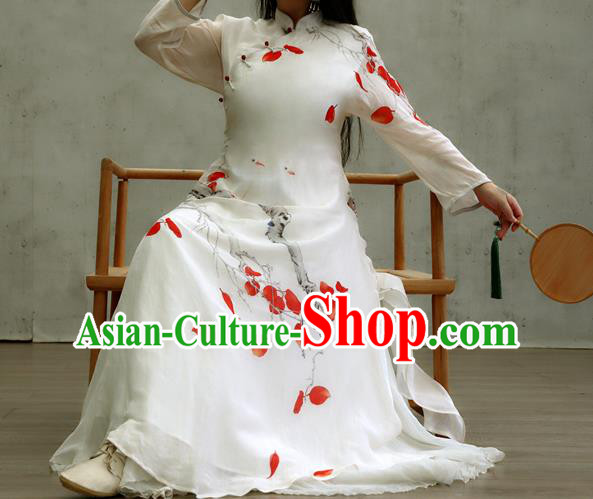 Chinese Traditional Stand Collar White Qipao Dress Woman Costume National Printing Red Leaf Cheongsam