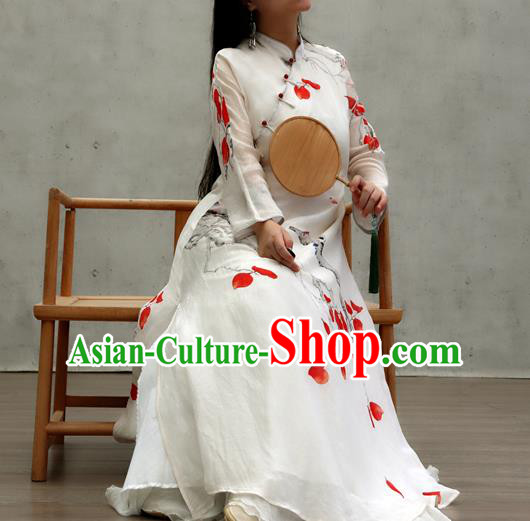 Chinese Traditional Stand Collar White Qipao Dress Woman Costume National Printing Red Leaf Cheongsam