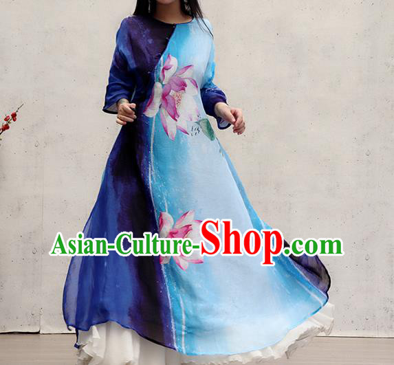 Chinese Traditional Tang Suit Qipao Dress Female Costume National Printing Lotus Blue Cheongsam