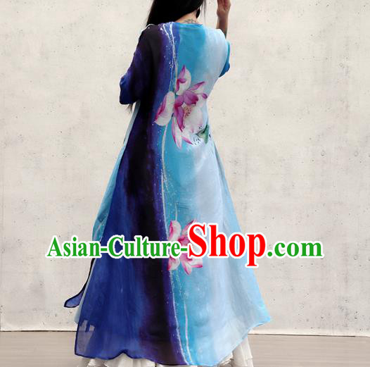 Chinese Traditional Tang Suit Qipao Dress Female Costume National Printing Lotus Blue Cheongsam