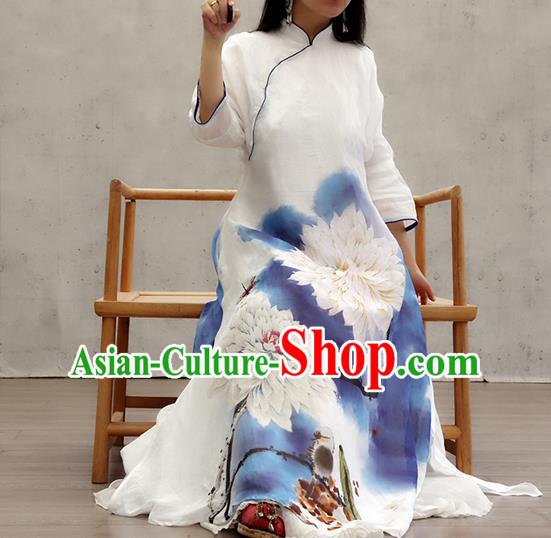 Chinese Traditional Ink Painting Lotus Qipao Dress Female Costume National Printing White Loose Cheongsam