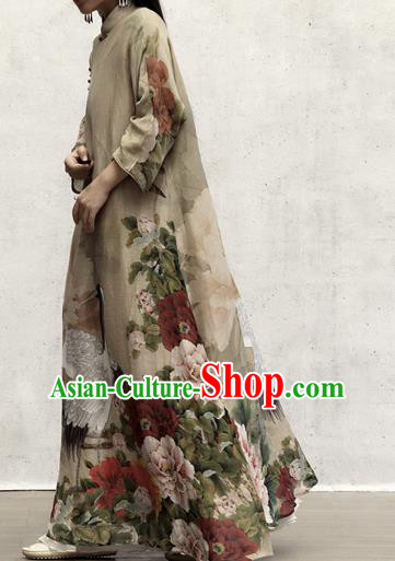 Chinese Traditional Stand Collar Qipao Dress Woman Costume National Printing Crane Peony Khaki Cheongsam