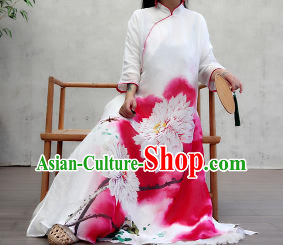 Chinese Female Costume National Printing Red Loose Cheongsam Traditional Ink Painting Lotus Qipao Dress