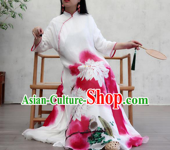 Chinese Female Costume National Printing Red Loose Cheongsam Traditional Ink Painting Lotus Qipao Dress