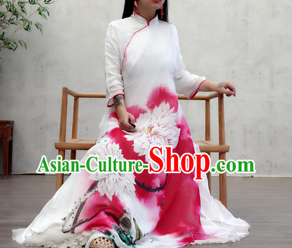 Chinese Female Costume National Printing Red Loose Cheongsam Traditional Ink Painting Lotus Qipao Dress