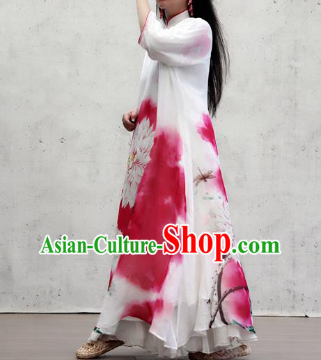 Chinese Female Costume National Printing Red Loose Cheongsam Traditional Ink Painting Lotus Qipao Dress