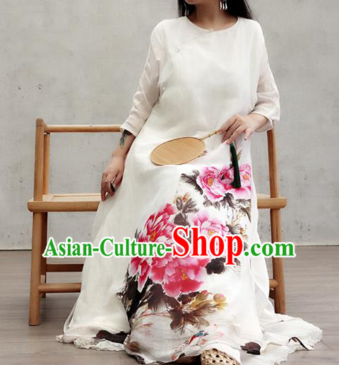 Chinese National White Loose Cheongsam Female Costume Traditional Ink Painting Peony Qipao Dress