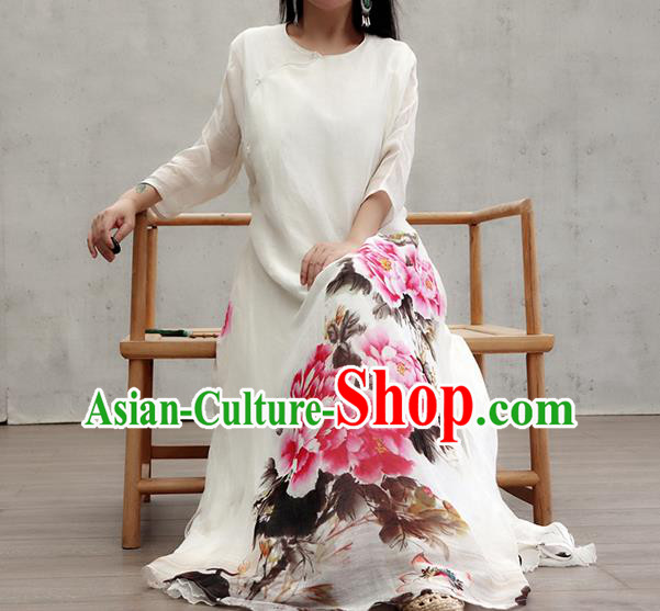 Chinese National White Loose Cheongsam Female Costume Traditional Ink Painting Peony Qipao Dress