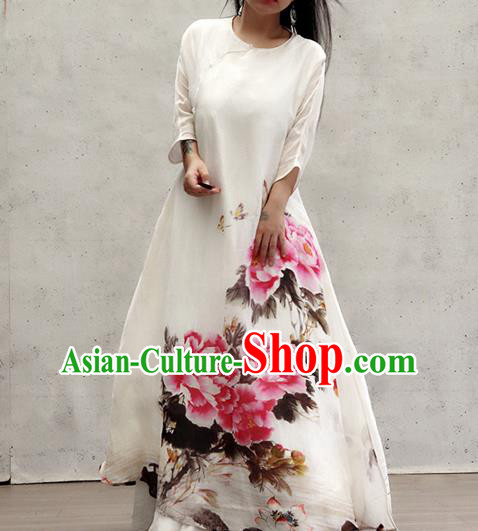 Chinese National White Loose Cheongsam Female Costume Traditional Ink Painting Peony Qipao Dress