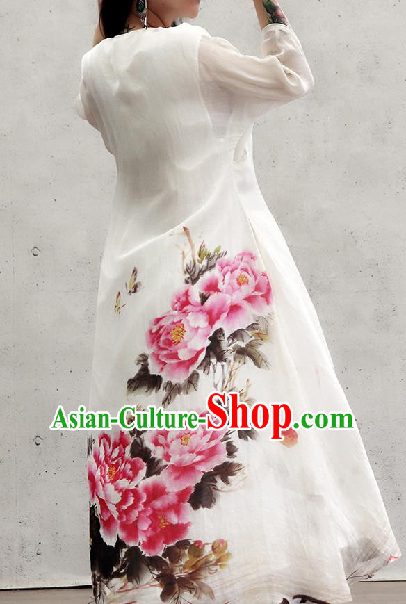 Chinese National White Loose Cheongsam Female Costume Traditional Ink Painting Peony Qipao Dress