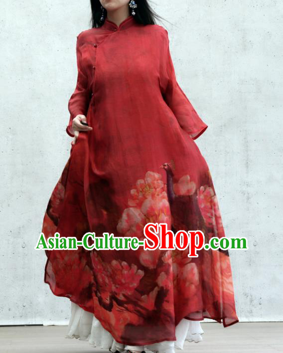 Chinese National Tang Suit Cheongsam Female Costume Traditional Printing Peacock Peony Red Qipao Dress