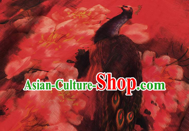Chinese National Tang Suit Cheongsam Female Costume Traditional Printing Peacock Peony Red Qipao Dress