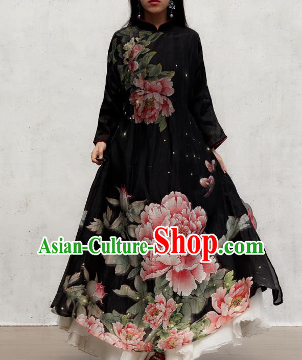 Chinese Traditional Printing Peony Qipao Dress Woman Costume National Stand Collar Black Cheongsam