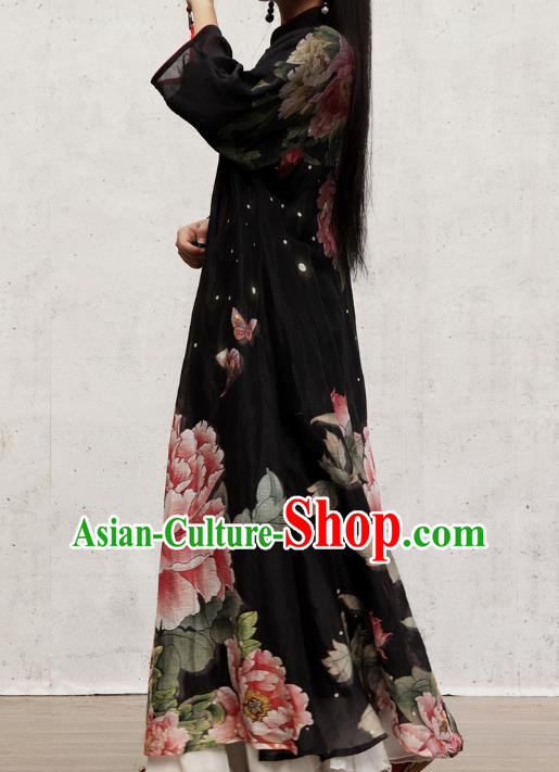 Chinese Traditional Printing Peony Qipao Dress Woman Costume National Stand Collar Black Cheongsam