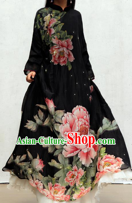 Chinese Traditional Printing Peony Qipao Dress Woman Costume National Stand Collar Black Cheongsam
