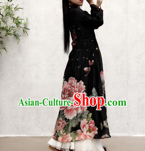 Chinese Traditional Printing Peony Qipao Dress Woman Costume National Stand Collar Black Cheongsam