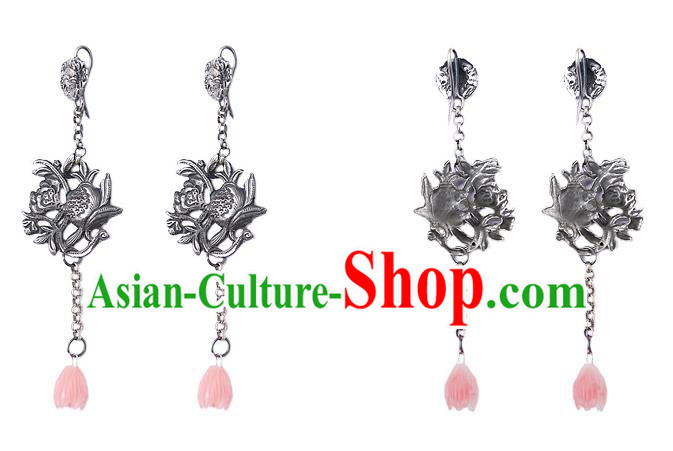 China Traditional Cheongsam Pink Mangnolia Earrings Handmade National Silver Ear Accessories