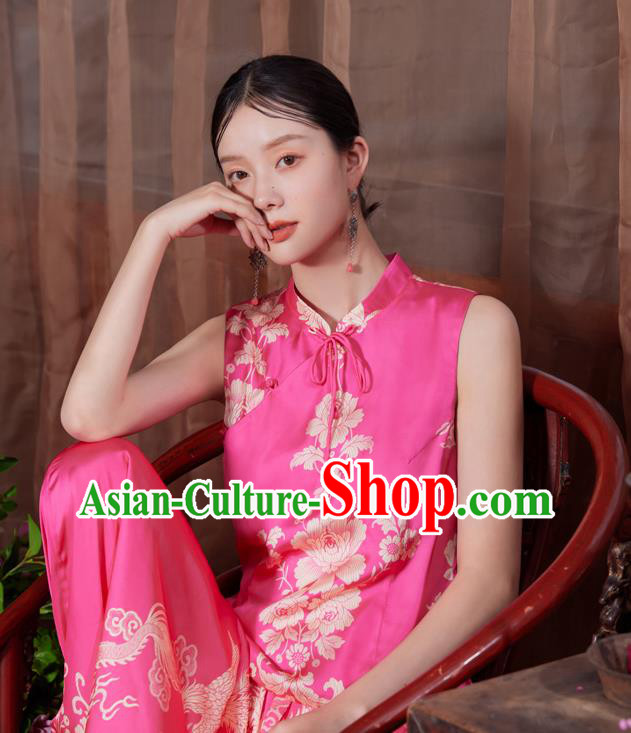China National Printing Peony Vest Traditional Tang Suit Upper Outer Garment Pink Satin Waistcoat Clothing
