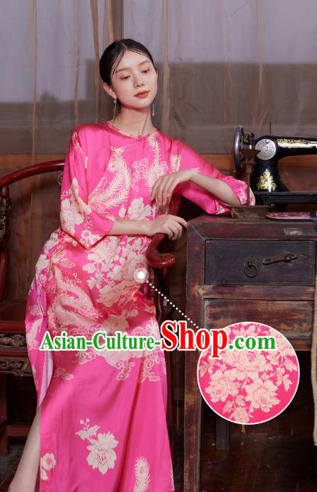 Chinese National Tang Suit Cheongsam Costume Traditional Printing Phoenix Pink Satin Qipao Dress