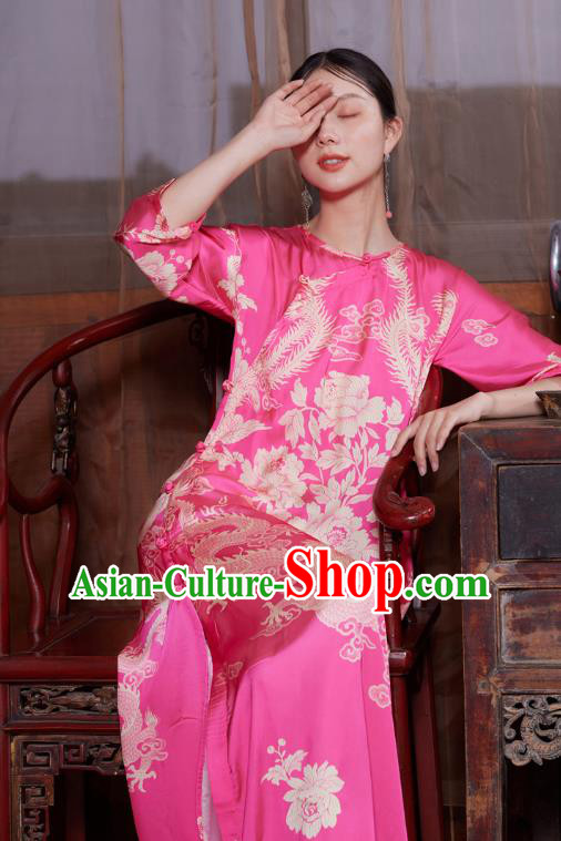 Chinese National Tang Suit Cheongsam Costume Traditional Printing Phoenix Pink Satin Qipao Dress