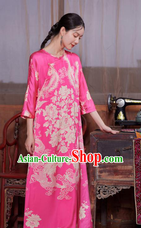 Chinese National Tang Suit Cheongsam Costume Traditional Printing Phoenix Pink Satin Qipao Dress