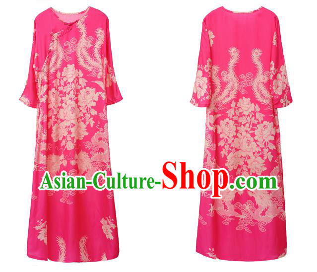 Chinese National Tang Suit Cheongsam Costume Traditional Printing Phoenix Pink Satin Qipao Dress