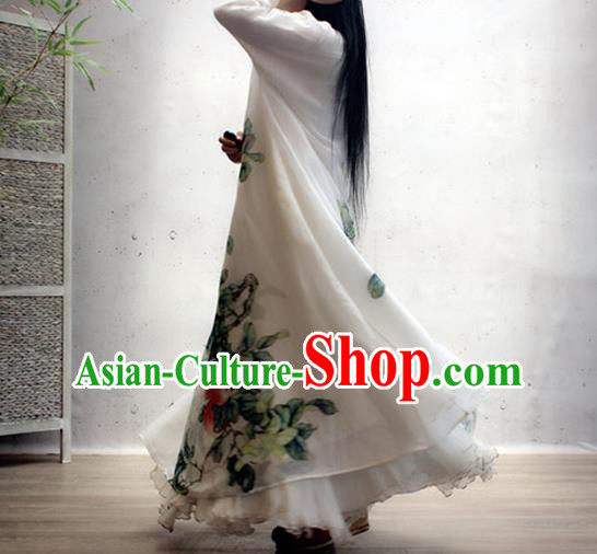 Chinese Traditional Printing Apple White Qipao Dress Woman Costume National Slant Opening Cheongsam