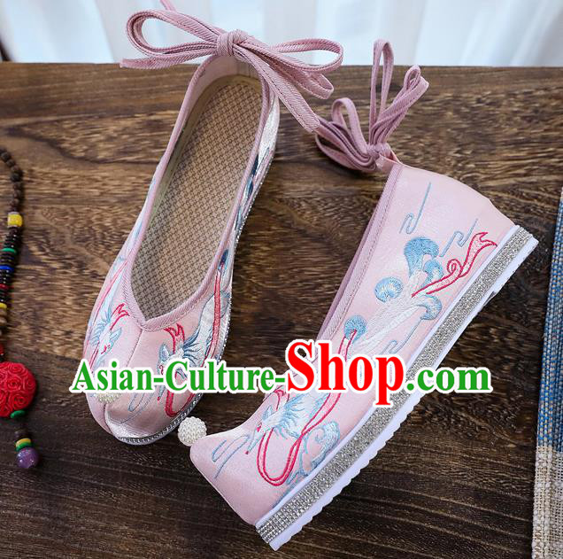 China Traditional Ming Dynasty Princess Bow Shoes Embroidered Pink Cloth Shoes Handmade Hanfu Pearl Shoes