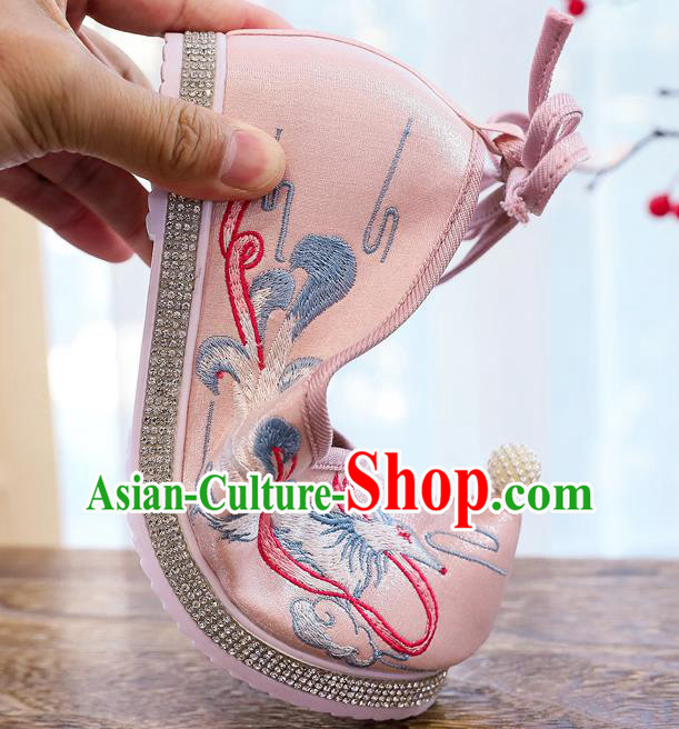 China Traditional Ming Dynasty Princess Bow Shoes Embroidered Pink Cloth Shoes Handmade Hanfu Pearl Shoes