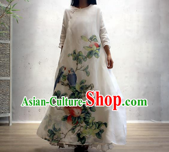 Chinese Traditional Printing Apple White Qipao Dress Woman Costume National Slant Opening Cheongsam
