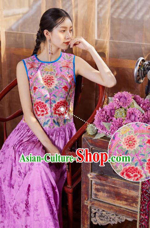 Chinese Traditional Embroidered Purple Silk Dress National Woman Tang Suit Cheongsam Costume