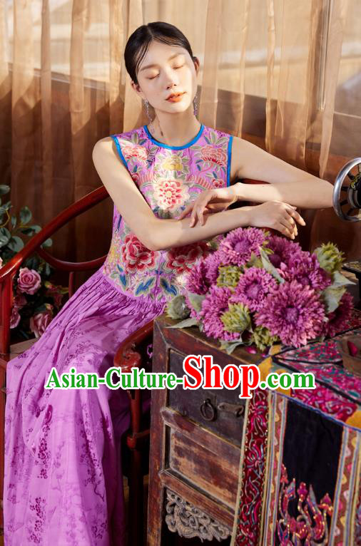 Chinese Traditional Embroidered Purple Silk Dress National Woman Tang Suit Cheongsam Costume