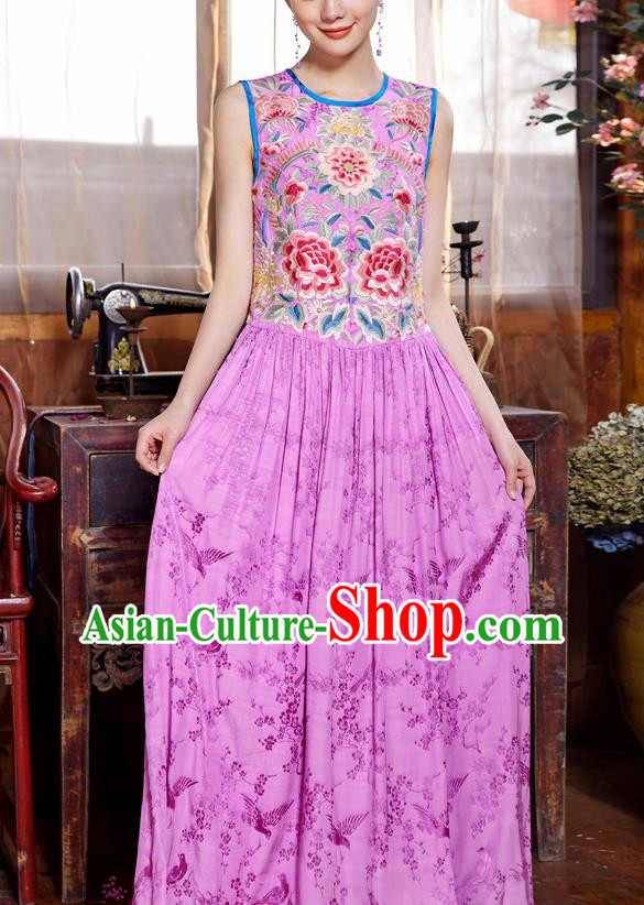Chinese Traditional Embroidered Purple Silk Dress National Woman Tang Suit Cheongsam Costume