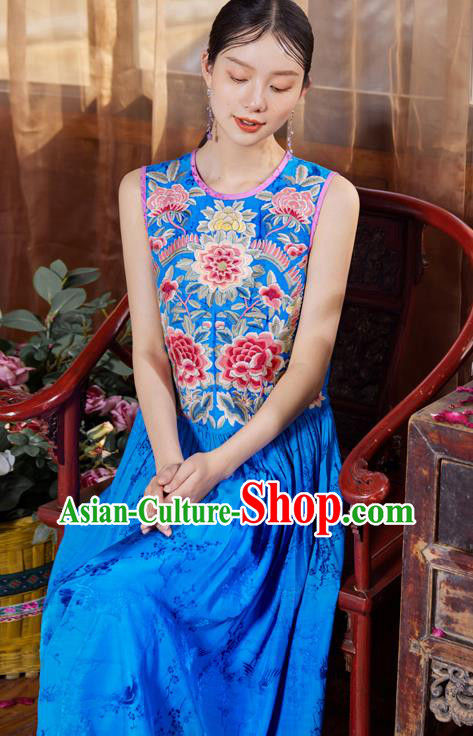 Chinese Traditional Embroidered Dress National Woman Tang Suit Blue Silk Cheongsam Costume