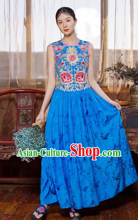 Chinese Traditional Embroidered Dress National Woman Tang Suit Blue Silk Cheongsam Costume