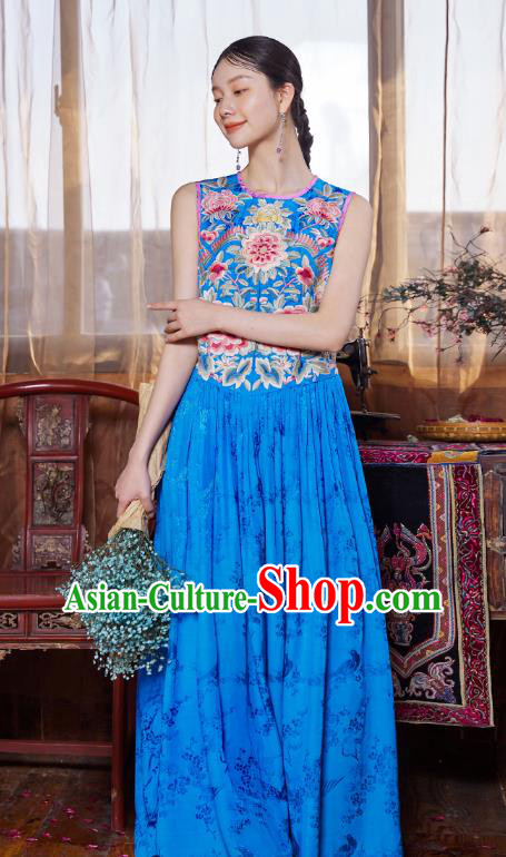 Chinese Traditional Embroidered Dress National Woman Tang Suit Blue Silk Cheongsam Costume