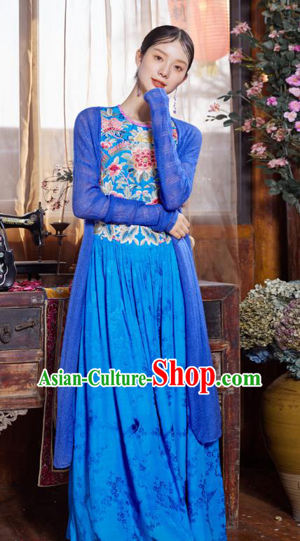 Chinese Traditional Embroidered Dress National Woman Tang Suit Blue Silk Cheongsam Costume