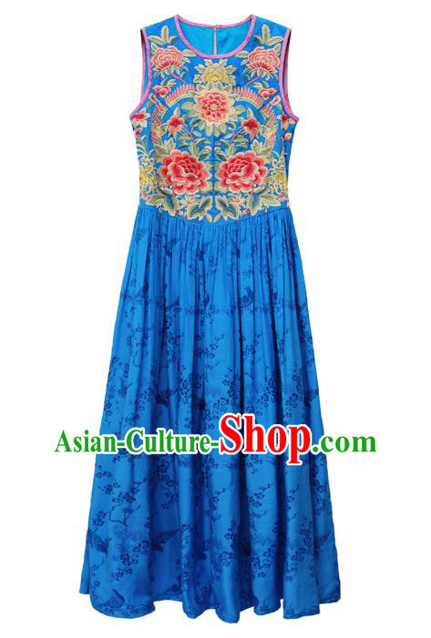 Chinese Traditional Embroidered Dress National Woman Tang Suit Blue Silk Cheongsam Costume