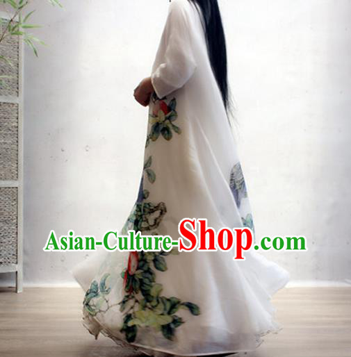 Chinese Traditional Printing Apple White Qipao Dress Woman Costume National Slant Opening Cheongsam