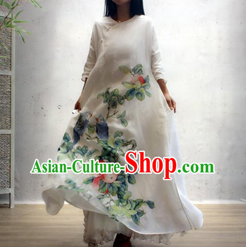Chinese Traditional Printing Apple White Qipao Dress Woman Costume National Slant Opening Cheongsam
