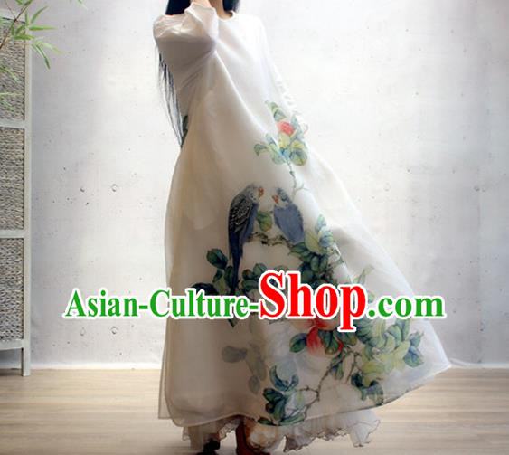 Chinese Traditional Printing Apple White Qipao Dress Woman Costume National Slant Opening Cheongsam