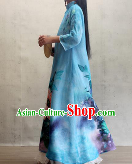 Chinese Traditional Stand Collar Qipao Dress Woman Costume National Printing Peony Blue Cheongsam
